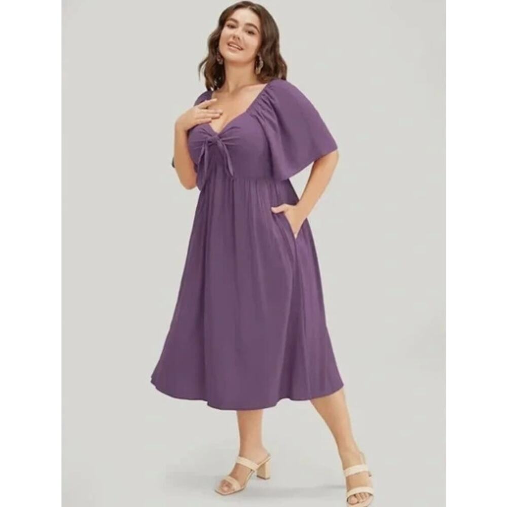 BloomChic Womens 6X 30 V Neck Ruched Knot Midi Dress Pocket Ruffle Hem NWT - Picture 2 of 13